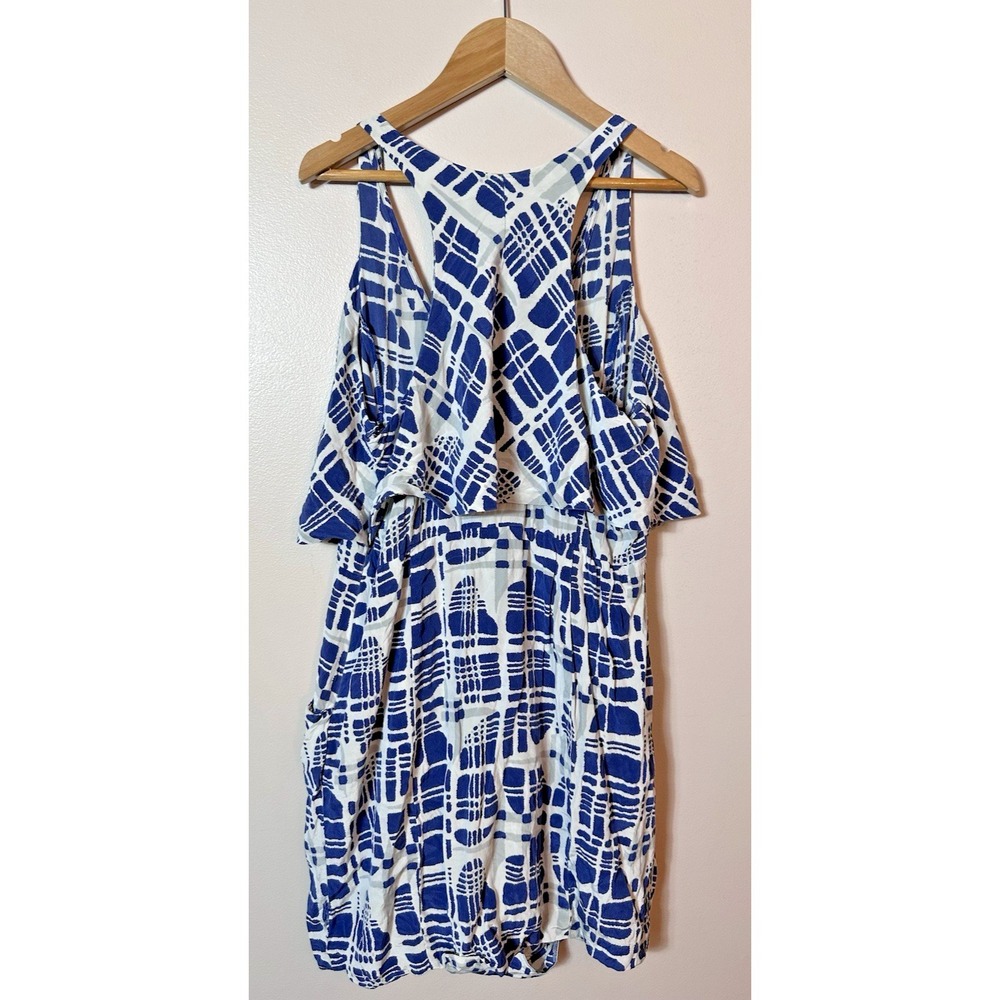 EVER By Nordstrom Romper Dress Large Blue White 100 Silk Romper Pockets Vacay L - Picture 4 of 14